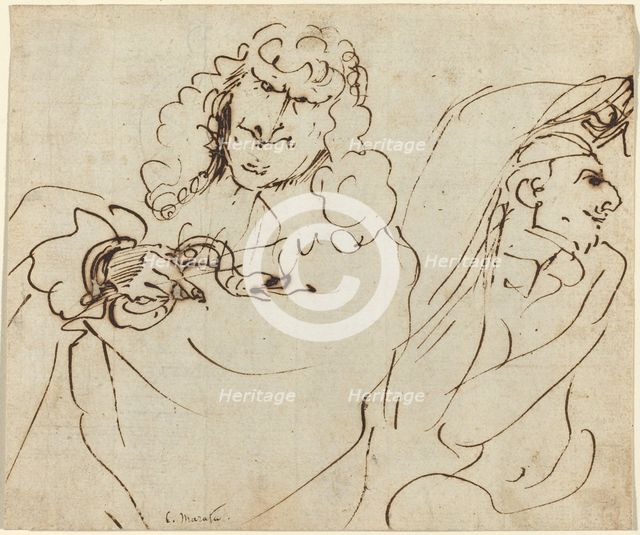Caricature with Mola Protecting Himself from a Man Holding a Viper. Creator: Pier Francesco Mola.