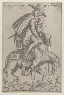 Caricature with two men on a mule, 1575-99. Creator: Giovanni Ambrogio Brambilla