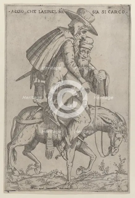 Caricature with two men on a mule, 1575-99. Creator: Giovanni Ambrogio Brambilla.