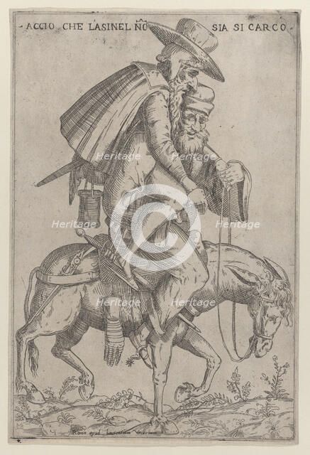 Caricature with two men on a mule, 1575-99. Creator: Giovanni Ambrogio Brambilla.