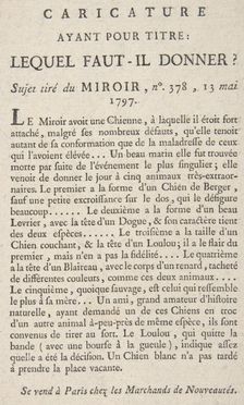 Caricature, Ayant Pour Titre: Lequel Faut-il Donner?, Sujet tiré du Miroir, no. 378, 13 Ma..., 1797. Creator: Anon
