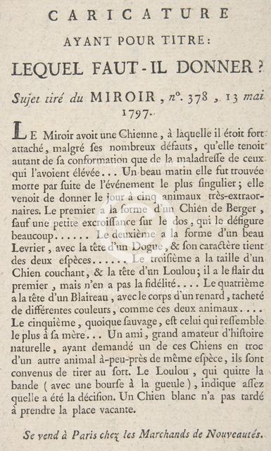 Caricature, Ayant Pour Titre: Lequel Faut-il Donner?, Sujet tiré du Miroir, no. 378, 13 Ma..., 1797. Creator: Anon.