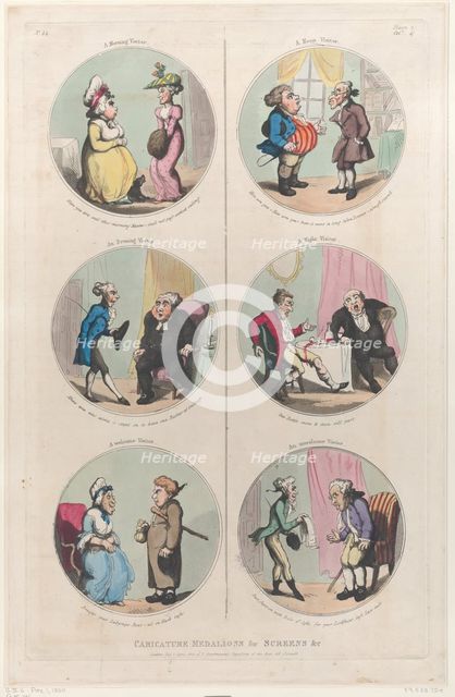 Caricature Medallions for Screens &c: A Morning Visitor, An Evening Visitor, A We..., April 1, 1800. Creator: Thomas Rowlandson.