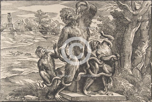 Caricature of the scuptural group, 'the Laocoön', ca. 1540-45., ca. 1540-45. Creator: Attributed to Nicolò Boldrini.