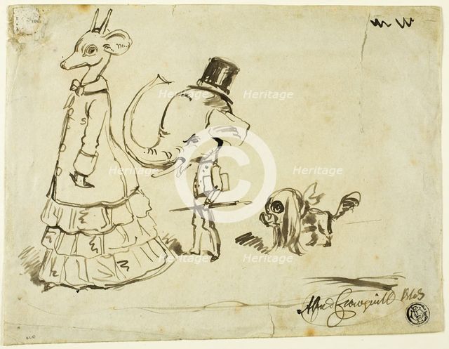 Caricature of Man, Woman and Dog, 1869. Creator: Alfred Crowquill.