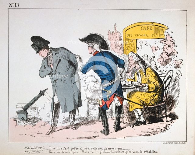 Caricature of Napoleon I watching the fall of the Colonne de Vendome, Paris Commune, 1871.  Artist: Anon