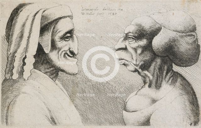 Caricatures and deformities after Leonardo. Two distorted heads, 1645. Creator: Wenceslaus Hollar.