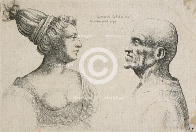 Caricatures and deformities after Leonardo. Two heads, 1645. Creator: Wenceslaus Hollar.