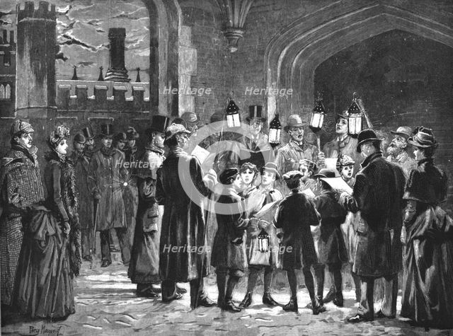 ''Carol Singing on Christmas Eve at Hampton Court Palace', 1888. Creator: Unknown.