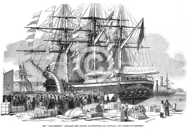 Caroline Chisholm addressing a crowd from the emigrant ship 'Ballengeich', 1852. Artist: Unknown