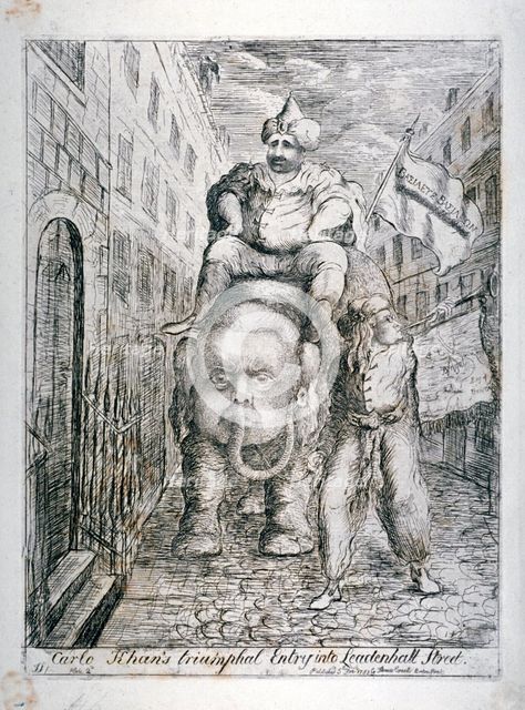 'Carlo Khan's triumphal entry into Leadenhall Street', 1783. Artist: James Sayers
