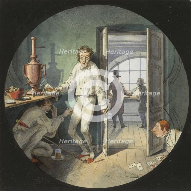 Carlo Rossi, Alexander Rezanov and Lakhtin hiding from Konstantin Thon, 1840s. Artist: Benois, Nikolai Leontyevich (1813-1898)
