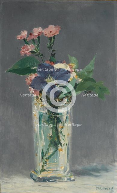 Carnations and clematis in a crystal vase, c. 1882.