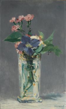Carnations and clematis in a crystal vase, c. 1882