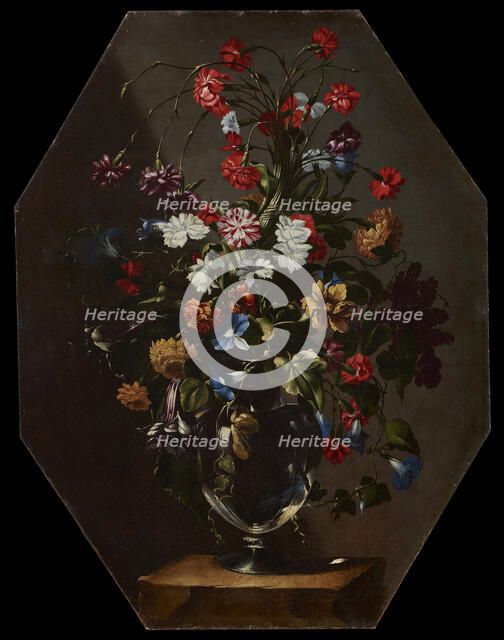 Carnations, dahlias and hyacinths in a vase, c. 1670.