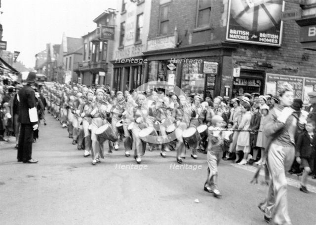 Carnival band on parade at Hucknall's first Carnival, Nottinghamshire, 1934. Creator: Unknown.