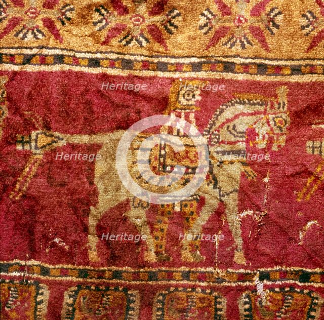 Carpet detail, Man and Horse, from Tomb at Pazyryk, Altai, USSR, 5th century BC-4th century BC Artist: Unknown.