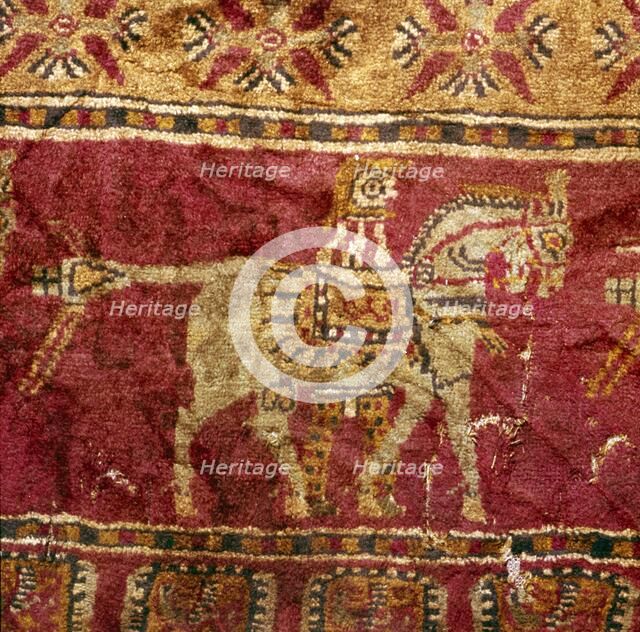 Carpet detail, Man and Horse, from Tomb at Pazyryk, Altai, USSR, 5th century BC-4th century BC Artist: Unknown.