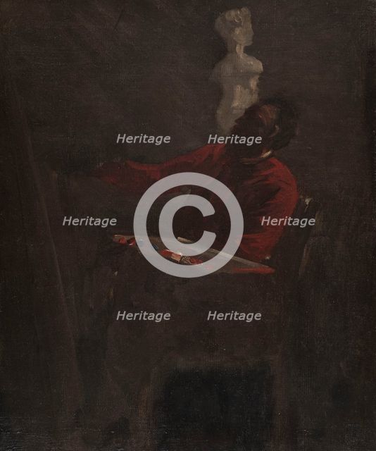 Carpeaux en veston rouge peignant dans son atelier, c.1865. Creator: Jean-Baptiste Carpeaux.