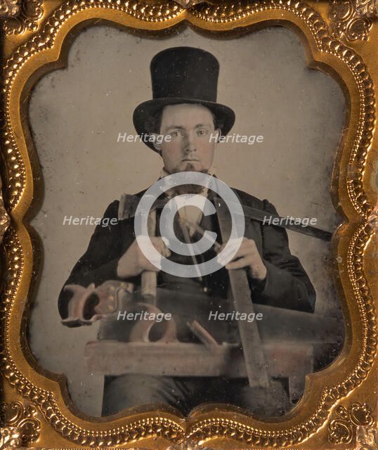 Carpenter in Top Hat with Hatchet, Compass, Square, and Hand Saw, 1850s-60s. Creator: Unknown.