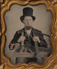 Carpenter in Top Hat with Hatchet, Compass, Square, and Hand Saw, 1850s-60s. Creator: Unknown