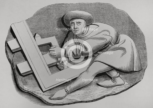 Carpenter's apprentice working with a large square, 1457-1470, (1878).  Creator: Unknown.