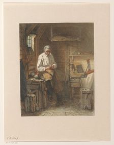 Carpenter sitting on a planer in his workshop, 1861. Creator: Jacob Taanman