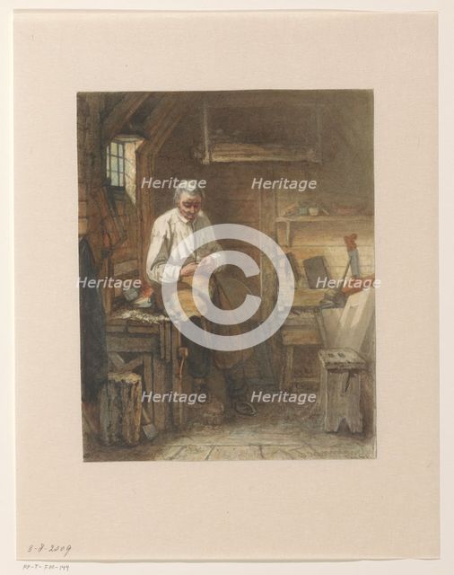 Carpenter sitting on a planer in his workshop, 1861. Creator: Jacob Taanman.