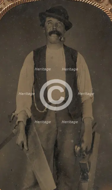 Carpenter with Saw, Hammer, and Jointer, 1860s-70s. Creator: Unknown.