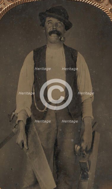 Carpenter with Saw, Hammer, and Jointer, 1860s-70s. Creator: Unknown.