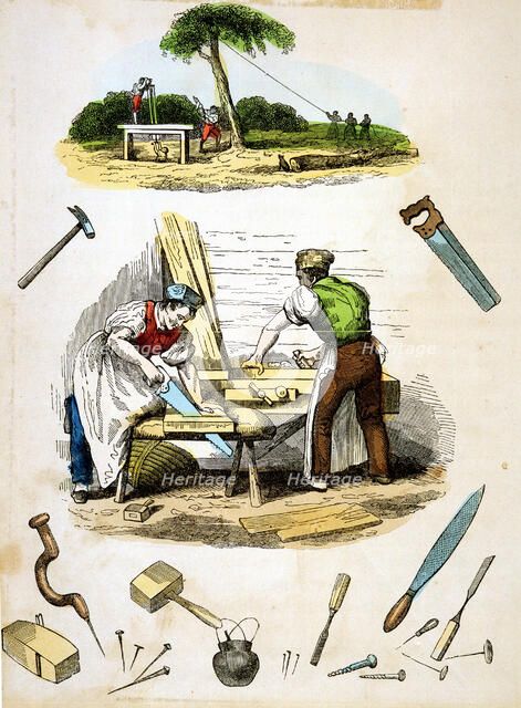 Carpenters at work, surrounded by various tools, c1845. Artist: Unknown