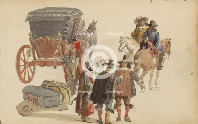 Carriage and figures in seventeenth-century clothing, c. 1846-c. 1882. Creator: Cornelis Springer.