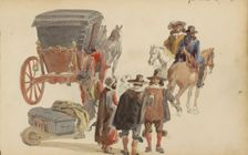 Carriage and figures in seventeenth-century clothing, c. 1846-c. 1882. Creator: Cornelis Springer