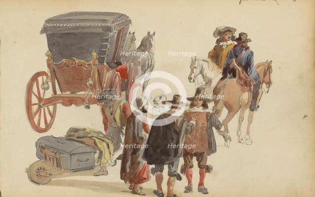 Carriage and figures in seventeenth-century clothing, c. 1846-c. 1882. Creator: Cornelis Springer.