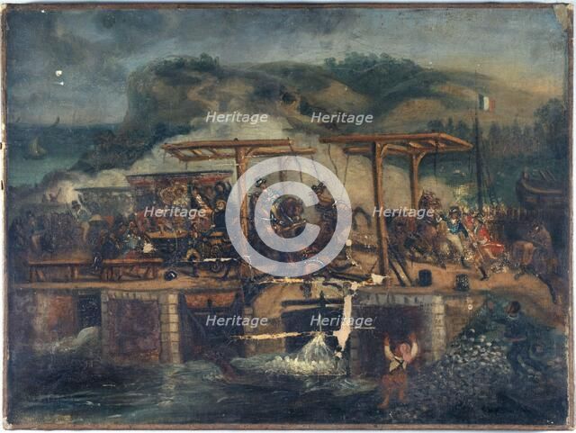 Carriage accident on a bridge around 1835, between 1830 and 1840. Creator: Unknown.