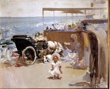 Carriages and child on the beach by Jose Navarro Llorens, oil between 1908-1912