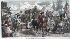 Carriages and pedestrians by the Via Apia in the age of emperors, engraving 1881