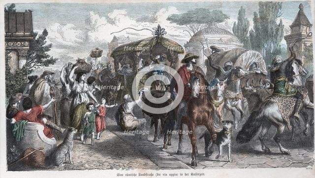 Carriages and pedestrians by the Via Apia in the age of emperors, engraving 1881.
