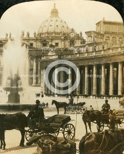 Carriages by the fountain in St Peter's Square, Rome, Italy, c1909.  Creator: George Rose.