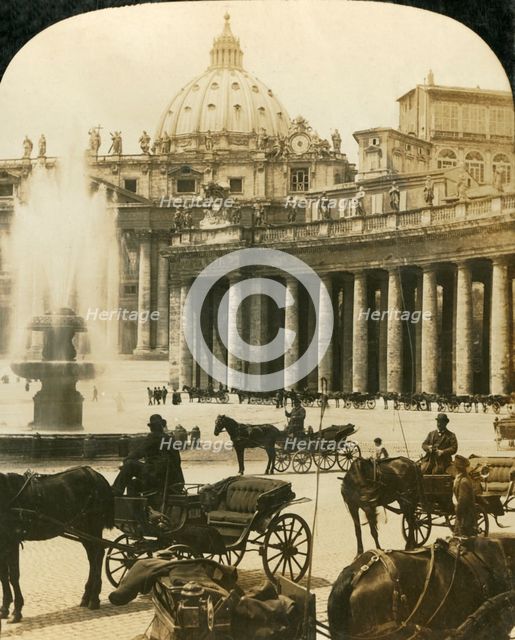 Carriages by the fountain in St Peter's Square, Rome, Italy, c1909.  Creator: George Rose.