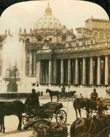 Carriages by the fountain in St Peter's Square, Rome, Italy, c1909. Creator: George Rose