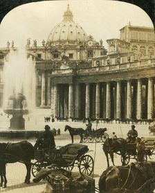 Carriages by the fountain in St Peter's Square, Rome, Italy, c1909. Creator: George Rose