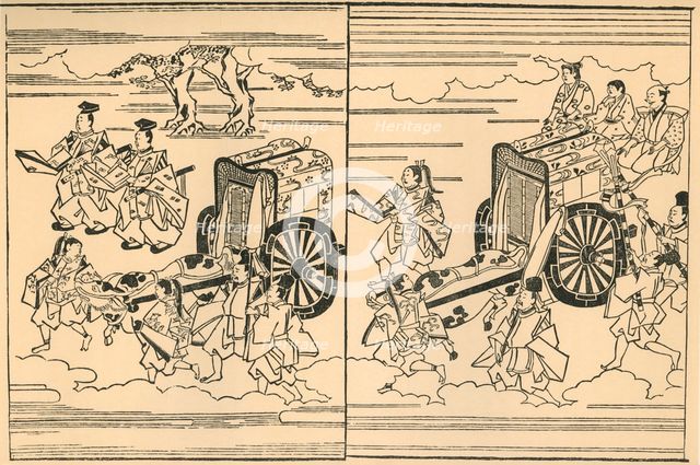 Carriages drawn by oxen, 1663, (1924).  Creator: Hishikawa Moronobu.