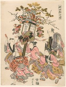 Carrying a Lantern Decorated with a Pavilion, Gohei, Flowers, and Fan (Sekiguchi-cho..., 1779. Creator: Torii Kiyonaga