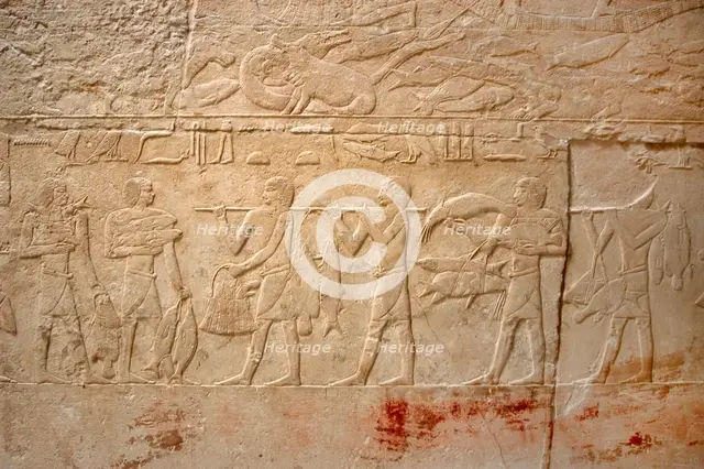 Carrying the fishing, polychrome relief, Mastaba of Kagemni, Saqqara, Egypt, Old Kingdom (2003). Creator: Unknown.
