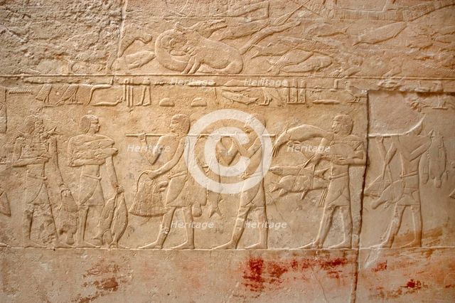 Carrying the fishing, polychrome relief, Mastaba of Kagemni, Saqqara, Egypt, Old Kingdom (2003). Creator: Unknown.