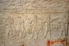 Carrying the fishing, polychrome relief, Mastaba of Kagemni, Saqqara, Egypt, Old Kingdom (2003). Creator: Unknown