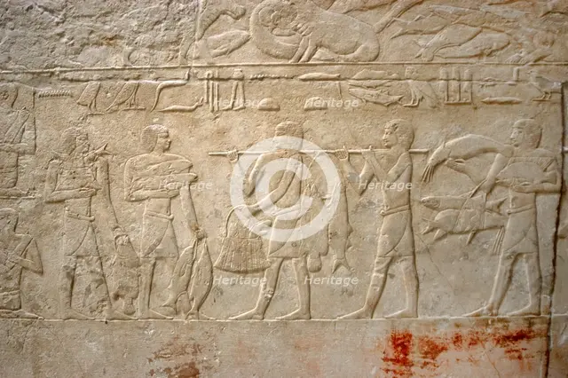 Carrying the fishing, polychrome relief, Mastaba of Kagemni, Saqqara, Egypt, Old Kingdom (2003). Creator: Unknown.