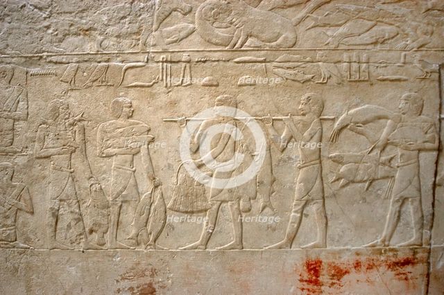 Carrying the fishing, polychrome relief, Mastaba of Kagemni, Saqqara, Egypt, Old Kingdom (2003). Creator: Unknown.