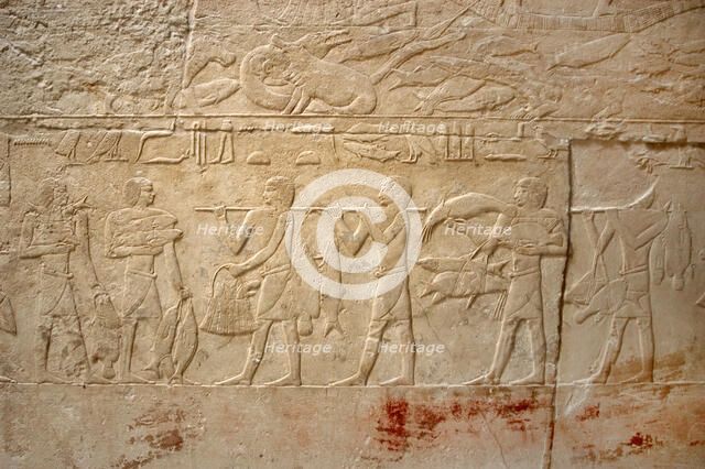 Carrying the fishing, polychrome relief, Mastaba of Kagemni, Saqqara, Egypt, Old Kingdom (2003). Creator: Unknown.